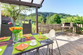 Halbüberdachte Terrasse mit Grill Gänseblümchen