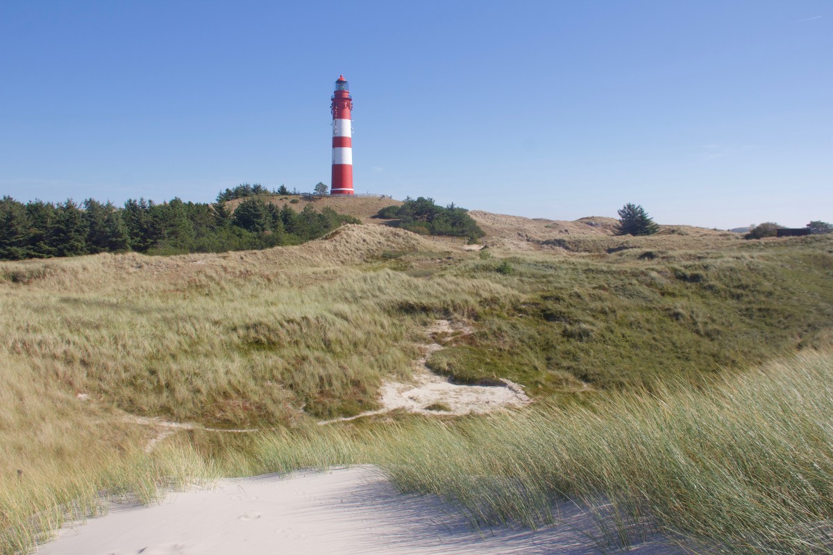 Der Amrumer Leuchtturm liegt malerisch inmitten der weiten Dünenlandschaft der Insel.